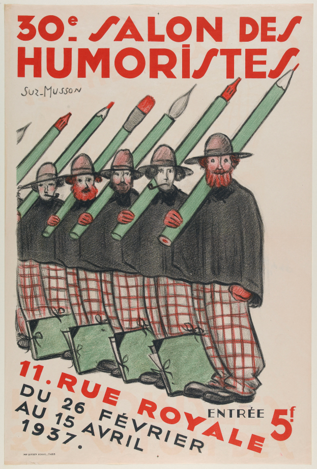 Ein Vintage-Plakat, das eine Salon des Humoristes in Paris ankündigt, zeigt eine Gruppe von Menschen mit Büchern, Stiften und anderen Gegenständen in gedämpften Farben und klassischer Schriftart.