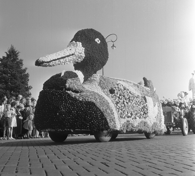 Schwarzes und weißes Foto eines Enten-Umzugs-Schwimmwagens, der mit Blumen geschmückt ist, mit Menschen zu seiner Linken und Bäumen im Hintergrund unter einem klaren Himmel.