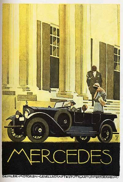 Vintage-Plakat aus den 1920er Jahren von Mercedes-Benz mit einem klassischen Auto mit zwei Insassen vor einem modernen Glasgebäude, mit 'Mercedes-Benz'-Text unten.