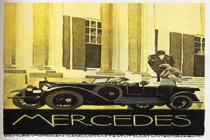 Vintage-Plakat aus den 1920er Jahren von Mercedes-Benz mit einem klassischen Auto mit zwei Insassen vor einem modernen Glasgebäude, mit 'Mercedes-Benz'-Text unten.