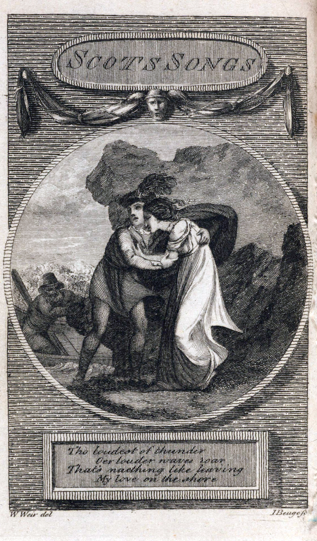 Eine Gravur von einem Mann und einer Frau, die sich leidenschaftlich küssen, wobei der Mann seinen Arm um die Taille der Frau gelegt hat und auf einem Papier mit Text steht.