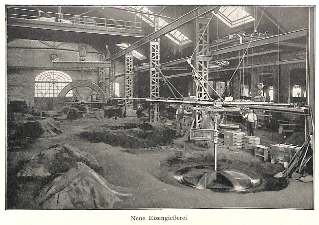 Schwarzes und weißes Foto einer Fabrikhalle mit Arbeitern, die an Maschinen arbeiten, umgeben von Metallstangen und -rohren, beschriftet mit "Neue Eisenglebeerei, die erste Fabrik in Deutschland" unten.