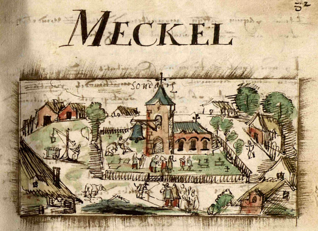 Ein altes Buch mit einer Zeichnung einer mittelalterlichen Stadt mit Häusern, Bäumen und Menschen, sowie beschreibendem Text auf der Seite.