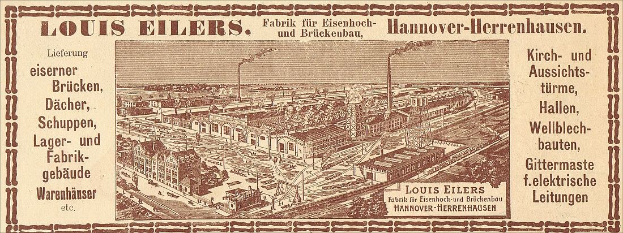 Schwarze und weiße Werbung für die Louis Eilers Hannover-Herrenhausen-Fabrik, die ein Foto des Fabrikgebäudes mit Textüberlagerung zeigt.