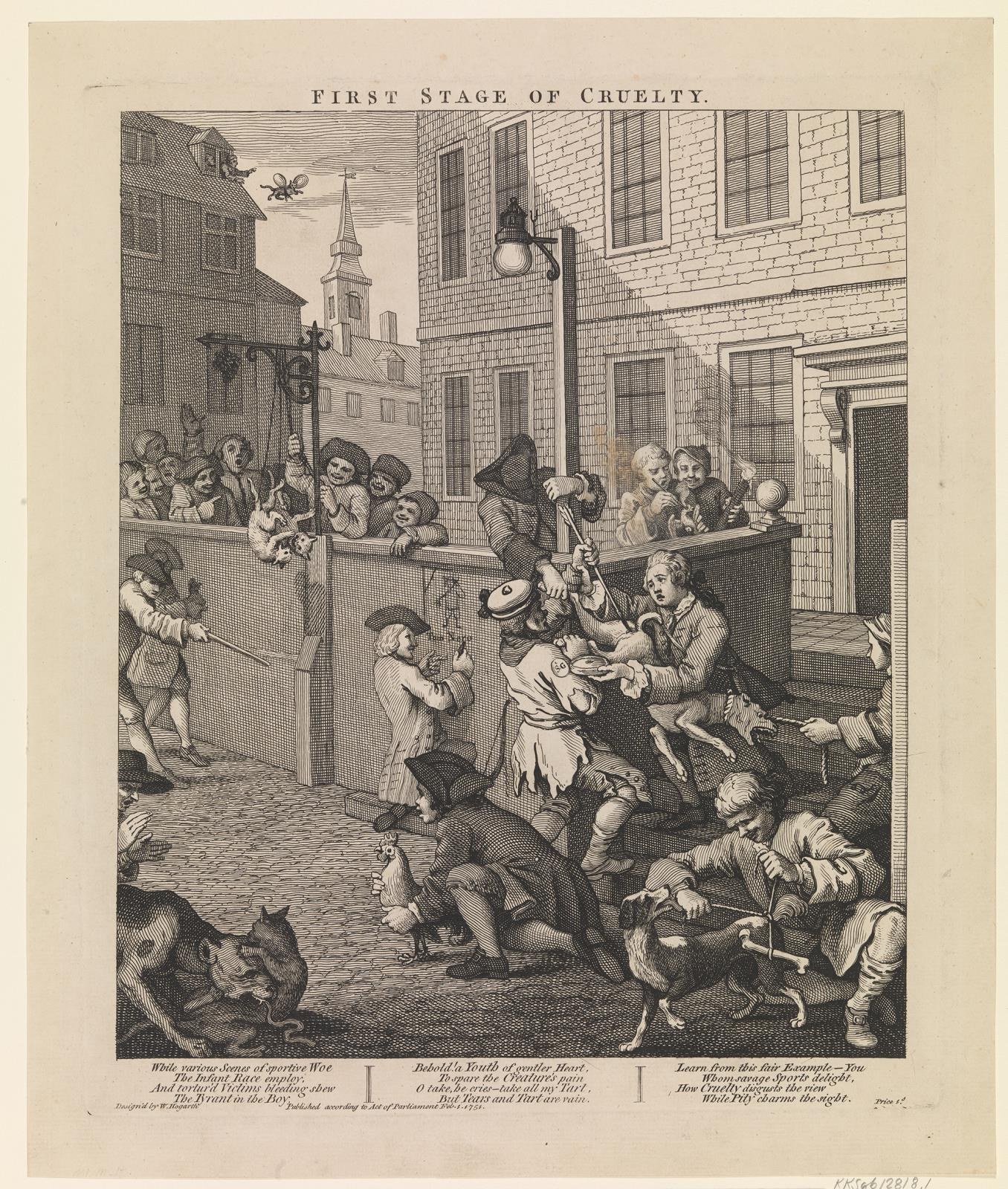 Gruppe von Menschen und Tieren versammelt sich vor einem Gebäude mit Fenstern und einem Laternenmast, mit dem Text "Erste Stufe der Grausamkeit" unten.