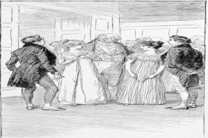 Schwarze und weiße Zeichnung eines formell gekleideten Mannes in einem langen Mantel und einer Frau in einem hochgeschlossenen Kleid mit langen Ärmeln, die vor einer Wand stehen, beschriftet mit 'Victorian Fashion.'