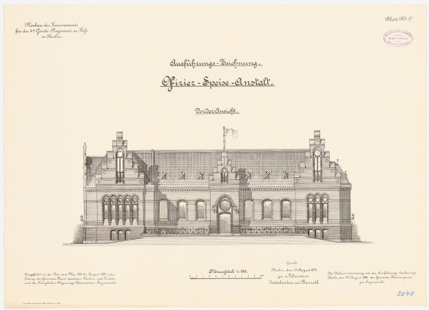 Zeichnung des Hauptsaals des Deutschen Bundestages in Berlin mit einer Flagge darauf, begleitet von Text auf dem Papier.