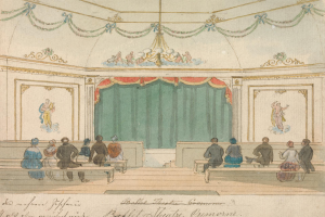 Eine Zeichnung einer Bühne mit Menschen auf Bänken, einem Vorhang als Hintergrund und einer Deckenleuchte, beschriftet mit "Ballerina Theatre, Grancomo" unten.