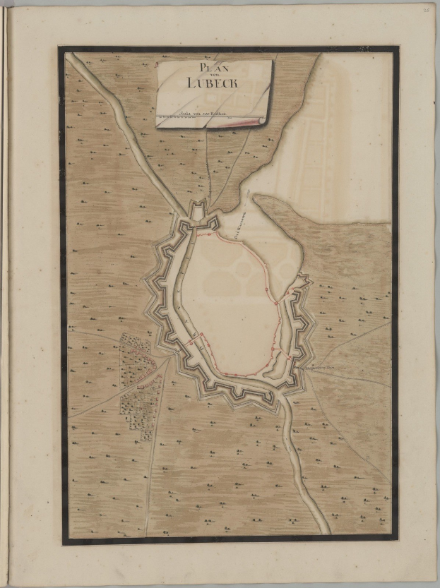 Ein altes Buch mit einer detaillierten Karte der Stadt Lübeck, die Straßen, Gebäude und Sehenswürdigkeiten zeigt und von Texten über die Bevölkerung, Geschichte und Kultur der Stadt begleitet wird.