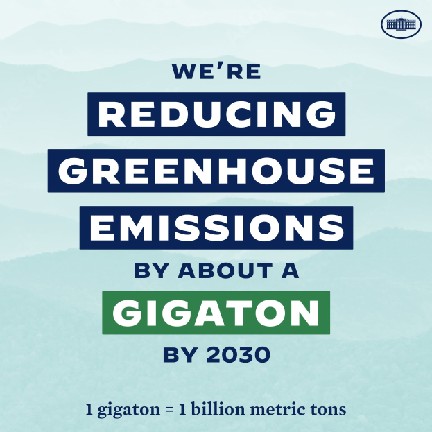 Plakat mit Text und Logo, das 'Wir reduzieren die Treibhausgasemissionen um etwa eine Gigatonne bis 2030' besagt und für eine signifikante Reduzierung der Treibhausgasemissionen bis 2030 wirbt.