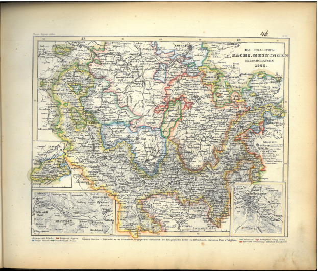 Ein altes Buch mit einer detaillierten Karte von Deutschland, die Provinzen und Städte zeigt, mit begleitendem Text.