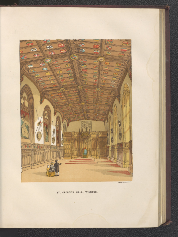 Ein aufgeschlagenes Buch auf einer schwarzen Oberfläche zeigt eine detaillierte Illustration von St. Georgs Halle in Windsor, England, mit Menschen, Wänden und einer Decke sowie Text unten.