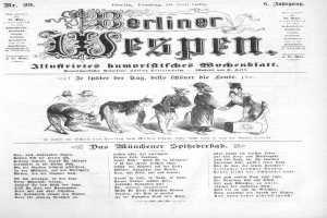 Alte Zeitung von Juli 1873 mit einer Karikatur eines verzweifelten Mannes mit Zylinder und Frau in einem Kleid.