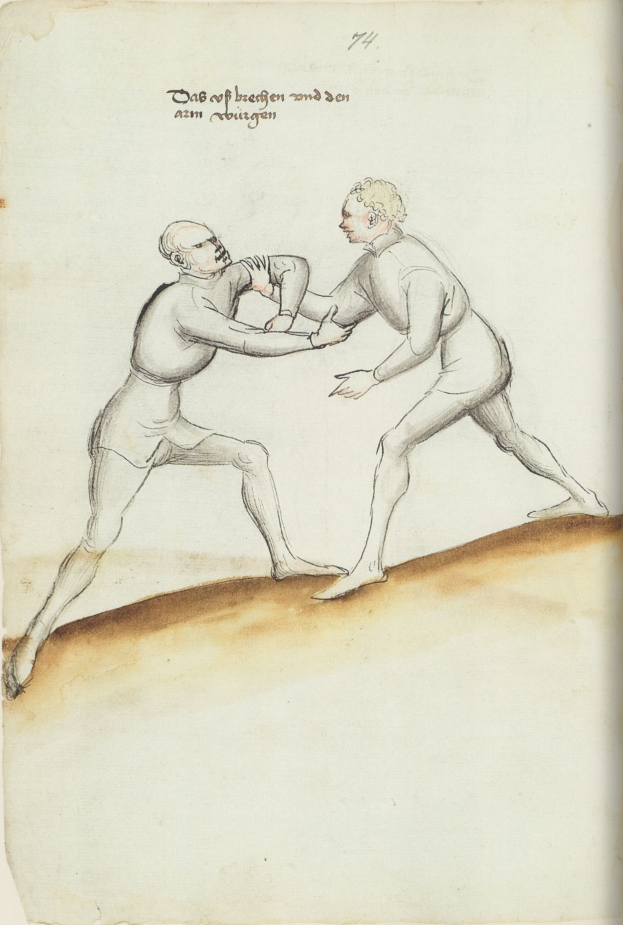 Zwei Männer kämpfen, einer wirft einen Schlag, steht auf einem Blatt mit Text, der die Szene beschreibt.