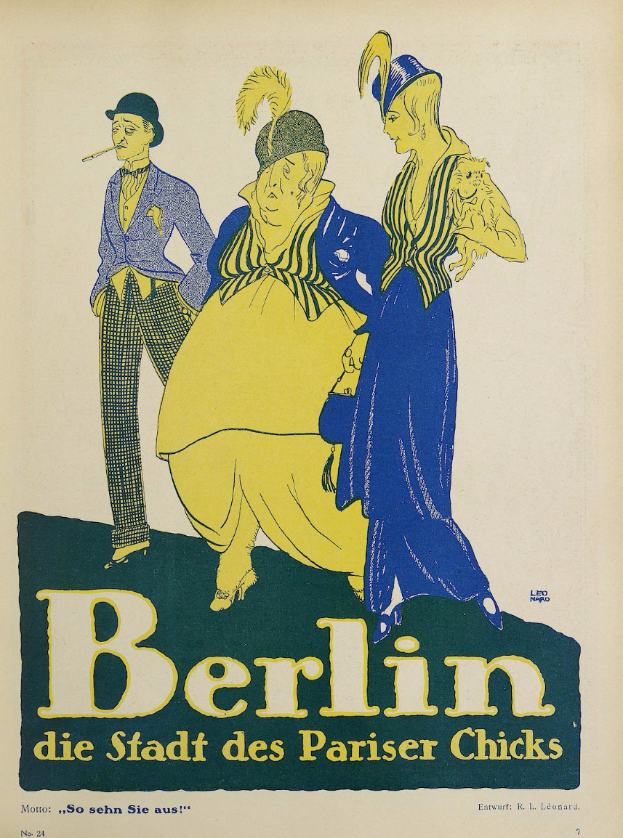 Ein Plakat, das ein Konzert in Berlin, Deutschland, bewirbt, zeigt eine Gruppe von Menschen in bunter Kleidung vor einem Gebäude mit dem Text 'Berlin - Die Stadt des Pariser Chicks' oben.