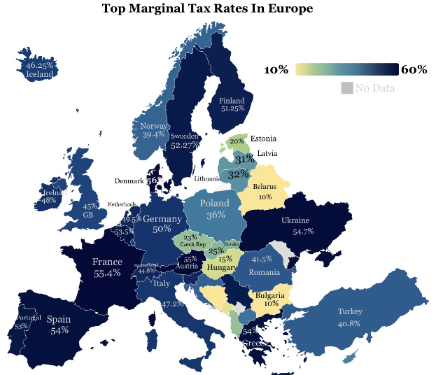 Eine Europa-Karte mit Farben, die die Spitzensätze der Einkommensteuer pro Land anzeigen, mit der Überschrift "Spitzensätze der Einkommensteuer in Europa".