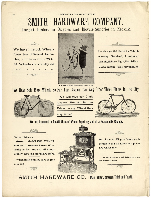 Werbung für Smith Hardware Co. mit einer Person, die ein Fahrrad mit einem prominenten Rad in den Händen hält und Text, der die Produkte und Dienstleistungen des Unternehmens beschreibt.