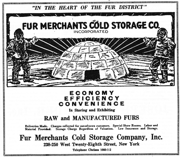 Eine Anzeige für Fur Merchants Cold Storage Company, Inc., die zwei Personen vor einer igluähnlichen Struktur zeigt, mit Text, der die Dienstleistungen des Unternehmens beschreibt.