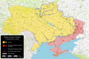 Eine Karte von Ukraine mit dem russischen Einmarsch in verschiedenen Farben hervorgehoben und Text auf der linken Seite, der Details zum Einmarsch bereitstellt.