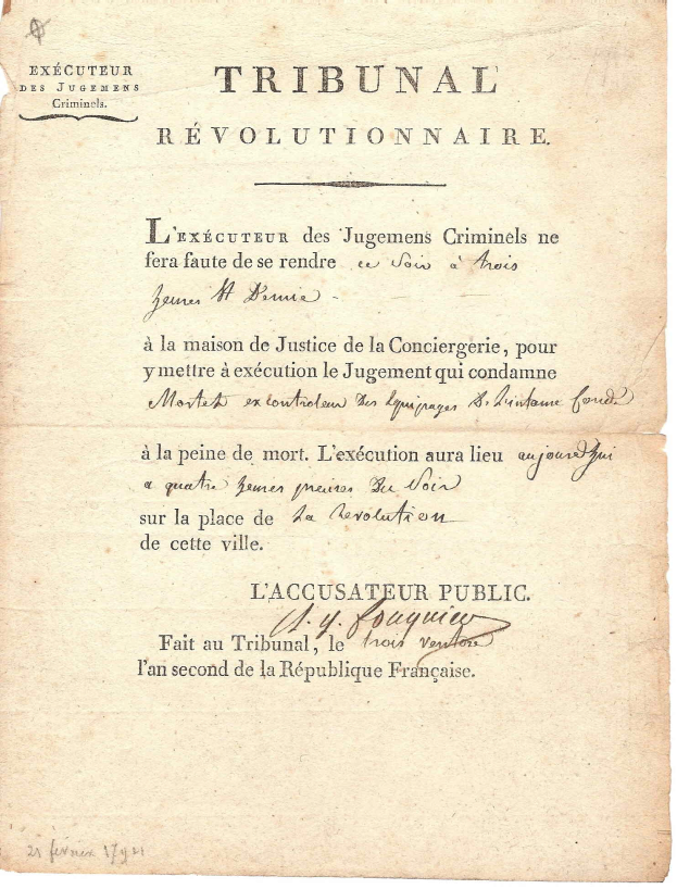 Ein altes, gelbliches Dokument mit der Überschrift "Tribunal Révolutionnaire" in sauberer Schreibschrift, das die Hinrichtung von Jugemens Criminels in Frankreich beschreibt.