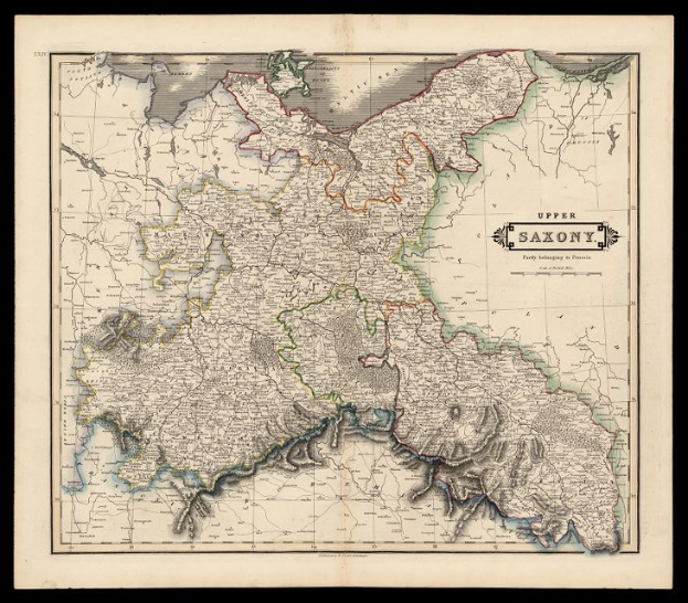 Ein detailliertes altes Sachsen-Karte auf schwarzem Hintergrund, das Provinzen, Städte und geografische Merkmale zeigt.