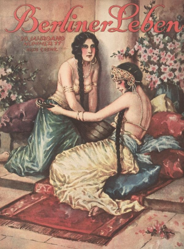 Plakat von zwei Frauen auf einem Bett mit Kissen und Pflanzen, mit "Berliner Leben Magazin-Cover von Oktober 1931" oben.