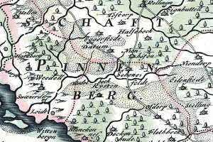 Detailiertes altes Stadtplan von Painen, Deutschland, zeigt Straßen, Gebäude und Sehenswürdigkeiten mit zusätzlichem Text über Bevölkerung, Straßen und bemerkenswerte Merkmale.