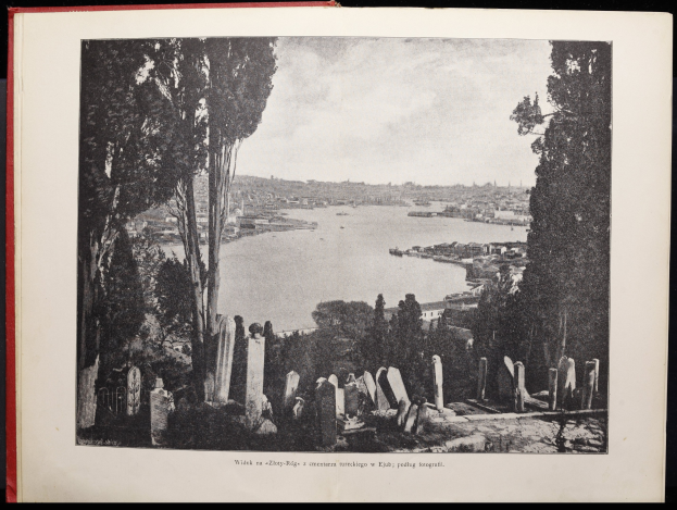 Schwarz-weiß-Foto eines Friedhofs mit einem See im Hintergrund, umgeben von Bäumen und Gebäuden unter einem bewölkten Himmel, mit Text unten.