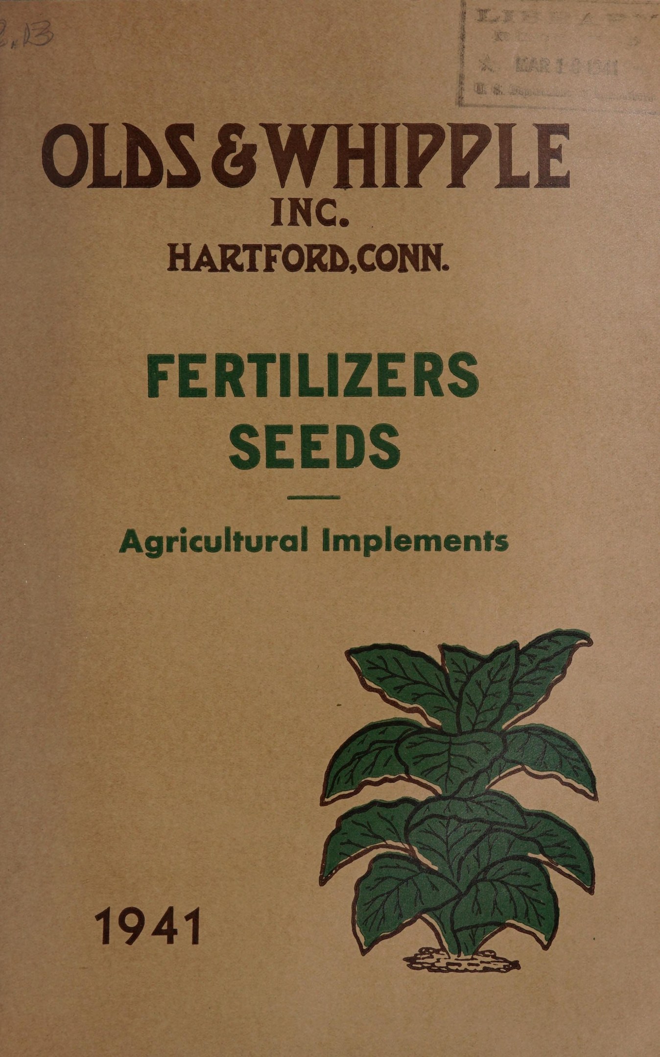 Altes Buchcover mit der Aufschrift "Fertilizers Seeds Agricultural Implements 1941" mit einer Abbildung einer grünen Pflanze mit Blättern und Stielen.