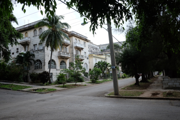 Gebäude mit Fenstern, Bäumen, kleinen Büschen, einem Versorgungsmast, einer Straßenlaterne und einer Straße.
