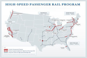 Ein Plakat, das eine detaillierte Karte des U.S.-High-Speed-Personenverkehrsprogramms zeigt, einschließlich Routen und wichtiger Standorte, mit begleitendem Text, der das Programm und seine Funktionsweise erklärt.