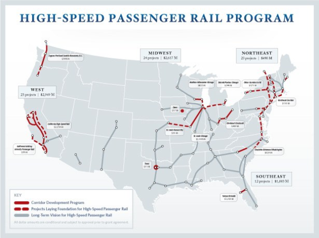 Ein Plakat, das eine detaillierte Karte des U.S.-High-Speed-Personenverkehrsprogramms zeigt, einschließlich Routen und wichtiger Standorte, mit begleitendem Text, der das Programm und seine Funktionsweise erklärt.