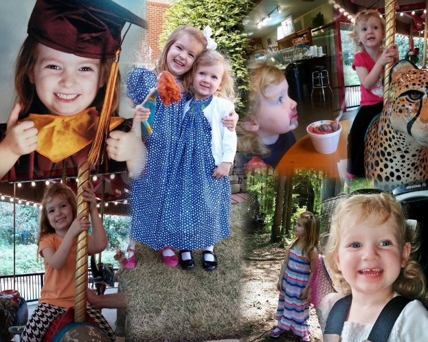 Ein Collage-Bild mit Vergnügungspark-Fahrgeschäften, einem Tisch mit Speisen, Besteck und verschiedenen Gegenständen vor einem Hintergrund aus Grünpflanzen, Lichtern und einer Wand.