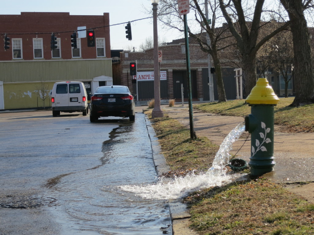 Ein Feuerhydrant auf dem Gehweg spritzt Wasser, mit Fahrzeugen, Ampeln, Schildern, Gebäuden, Grünflächen und Himmel im Hintergrund.