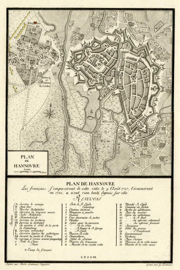 Detailiertes altes Stadtplan von Hannover, Deutschland, zeigt Straßen, Gebäude und Sehenswürdigkeiten mit begleitendem Text über die Stadt.