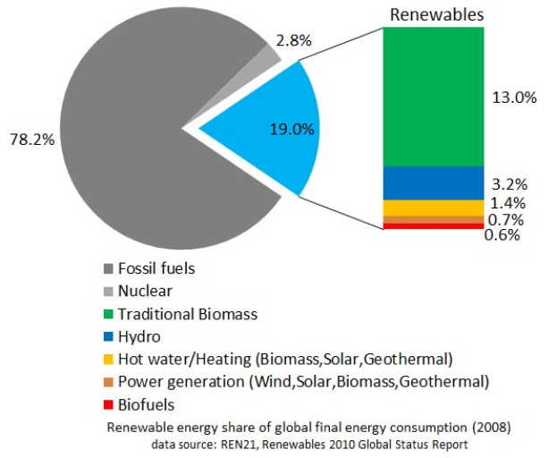 Ein Kreisdiagramm, das den globalen erneuerbaren Energieverbrauch im Jahr 2008 zeigt, unterteilt in Abschnitte für fossile Brennstoffe, Kernenergie, Hydro, Warmwasser, Heizung, Biomassen, Solar, Geothermie und Biokraftstoffe, mit begleitendem Text.