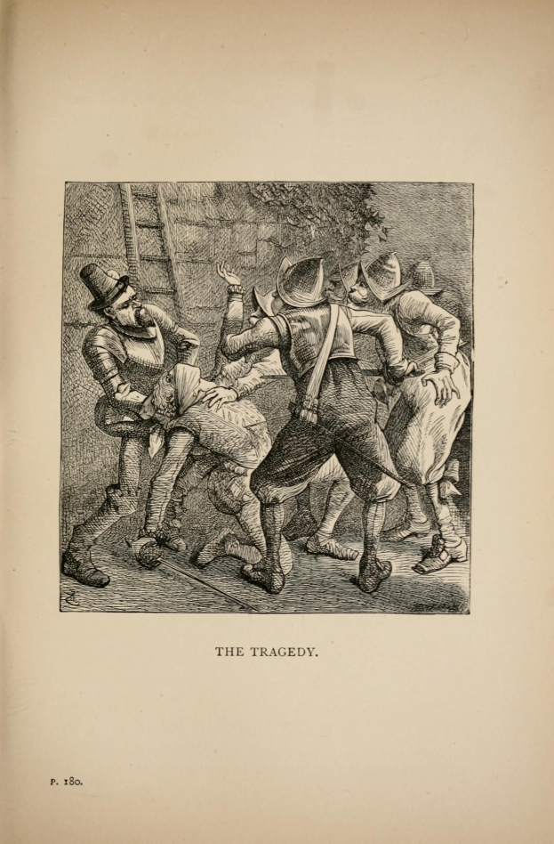 Ein aufgeschlagenes Buch mit einer Zeichnung von verzweifelten Menschen, betitelt "Die Tragödie" unten.