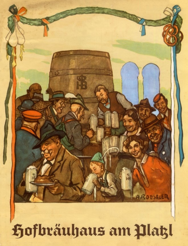 Plakat, das ein Bierfest in Deutschland ankündigt und Menschen mit Biergläsern und einem Fass im Hintergrund zeigt, mit deutschem Text unten.