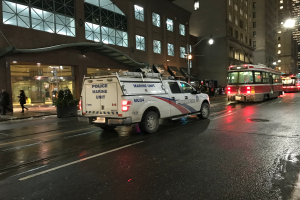 Ein Polizeiwagen parkt nachts am Straßenrand einer Stadt, mit Fahrzeugen auf der Straße, Fußgängern auf dem Gehweg, Topfpflanzen, Straßenlaternen, Gebäuden mit Fenstern und einem bewölkten Himmel.