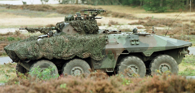 Militärpersonentransporter mit einer montierten großen Kanone, der auf einer Straße neben einem Wald fährt.