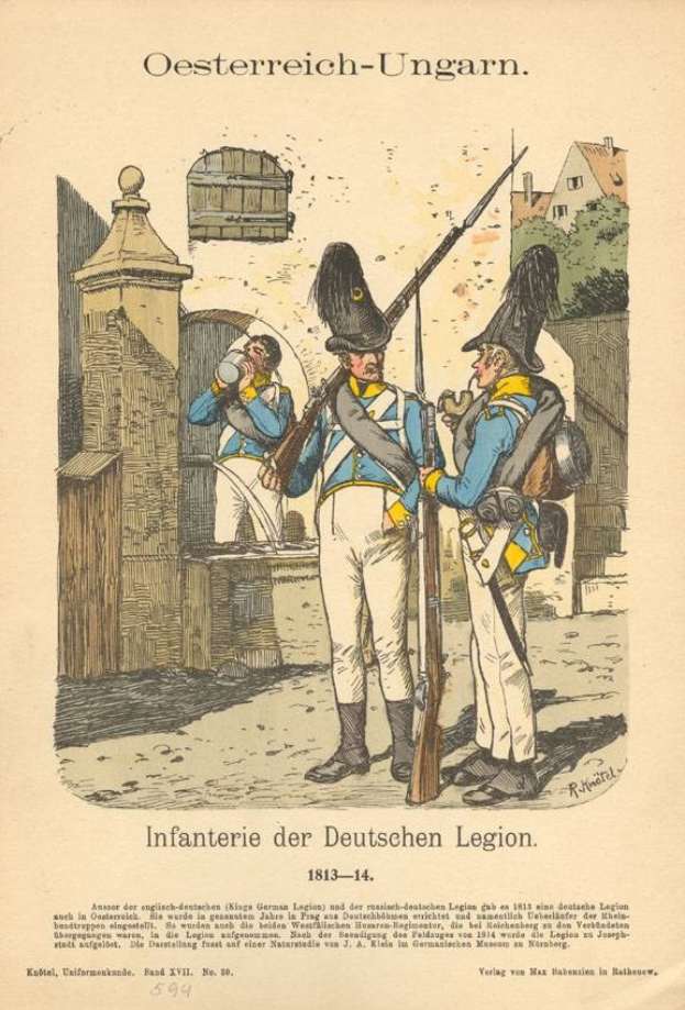 Altes Buchcover mit zwei uniformierten Männern, einer hält eine Waffe, vor einem Hintergrund aus Bäumen und Gebäuden, betitelt 'Infanterie der Deutschen Legion 1813-14'.