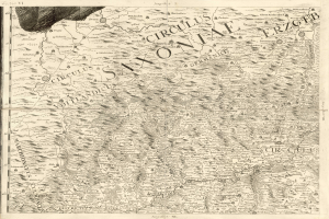 Ein altes Kartenbild von Sachsen, Deutschland, das geographische Merkmale wie Fl├╝sse, Gebirge und St├Ądte zeigt, mit begleitendem Text, der regionale Informationen bereitstellt.