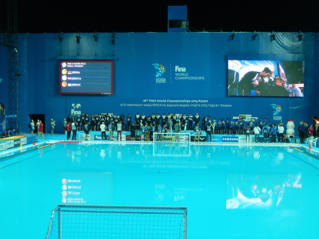 Eine Gruppe von Menschen steht um ein Hallen-Schwimmbecken mit Netz am Boden während der FINA-Weltmeisterschaften 2015 in Kazan. Im Hintergrund ist ein Bildschirm mit Event-Logo zu sehen.
