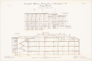 Eine Zeichnung der Universität Hamburg, ein großes Gebäude mit vielen Fenstern, begleitet von beschreibendem Text.