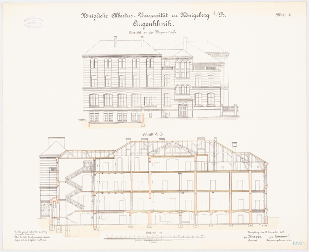 Eine Zeichnung der Universität Hamburg, ein großes Gebäude mit vielen Fenstern, begleitet von beschreibendem Text.