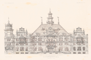 Ein detaillierter Entwurf des Landhauses in Dresden, Deutschland, mit einem großen Gebäude mit einem Uhrenturm, detaillierten Fenstern, Türen und einer Treppe, die zum Eingang führt, mit begleitendem Text, der seine architektonischen Merkmale beschreibt.