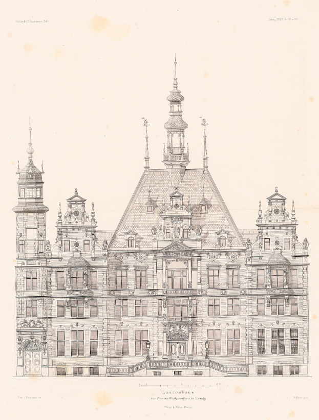 Ein detaillierter Entwurf des Landhauses in Dresden, Deutschland, mit einem großen Gebäude mit einem Uhrenturm, detaillierten Fenstern, Türen und einer Treppe, die zum Eingang führt, mit begleitendem Text, der seine architektonischen Merkmale beschreibt.