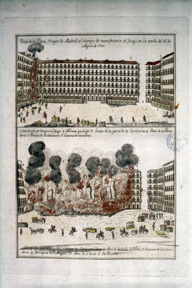 Eine Zeichnung einer Stadtlandschaft mit brennenden und rauchenden Gebäuden, begleitet von Bildern von Menschen, Gegenständen und Text auf dem Papier.