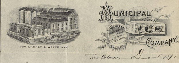 Schwarz-weiß-Illustration einer alten städtischen Unternehmenswerbung in New Orleans, die ein Gebäude mit Text zeigt, der dessen Dienstleistungen anpreist.