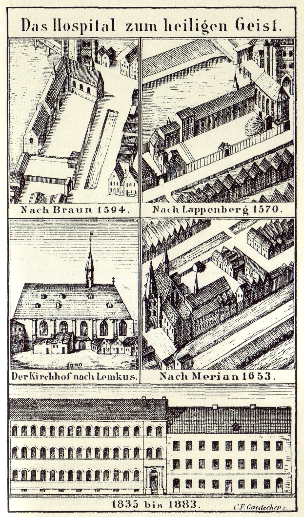 Detailzeichnung eines deutschen Krankenhausgebäudeposters mit Informationen zur Größe, Lage und Ausstattung.